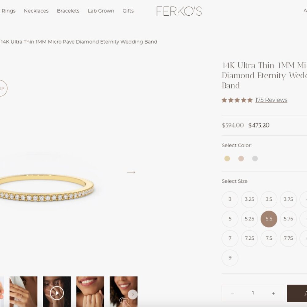 Ferkos 14K yellow gold Ultra Thin 1MM Micro Pave Diamond Eternity Band size 5.5